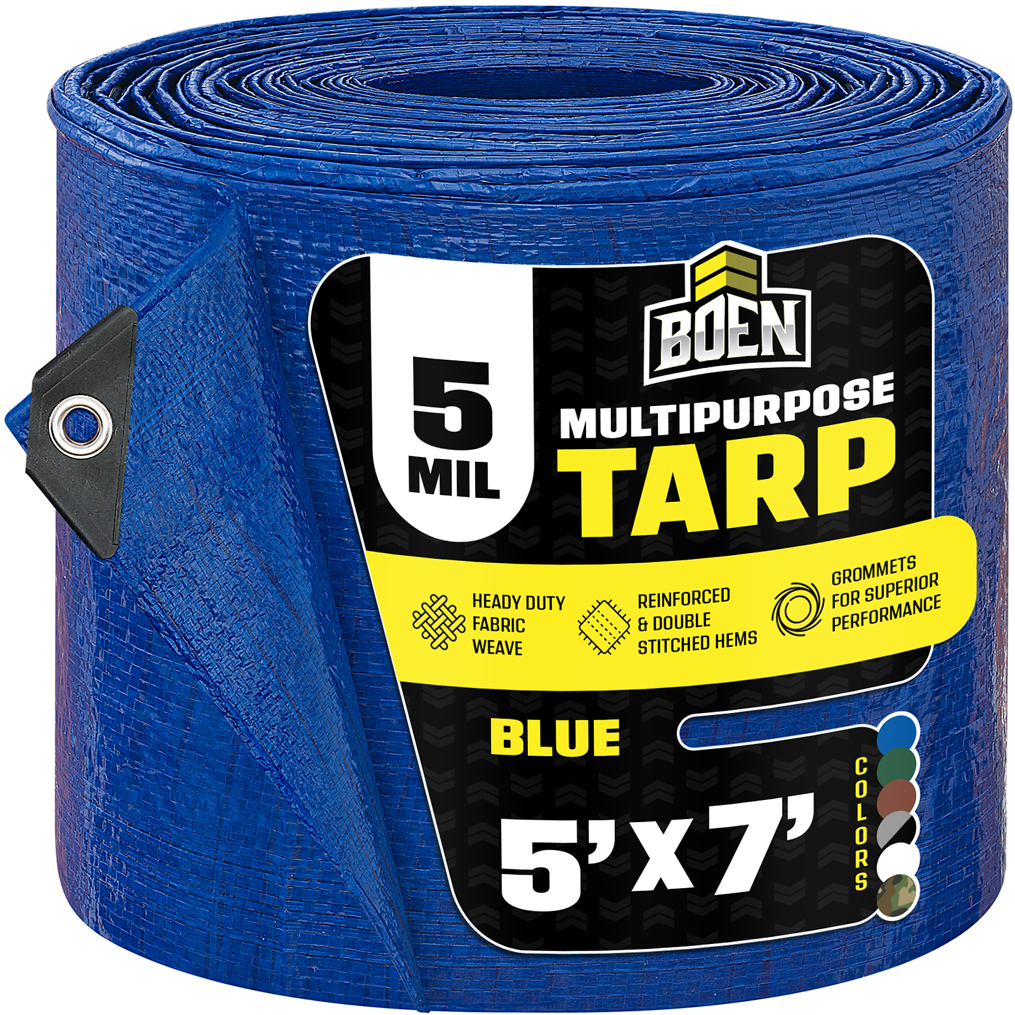 Boen 5 ft x 7 ft Blue Poly Tarp, 5 Mil Waterproof Multipurpose Tarps, Rope Hem, Reinforced Corners, Grommets Every 36 in, Outdoor Camping Yard Equipment